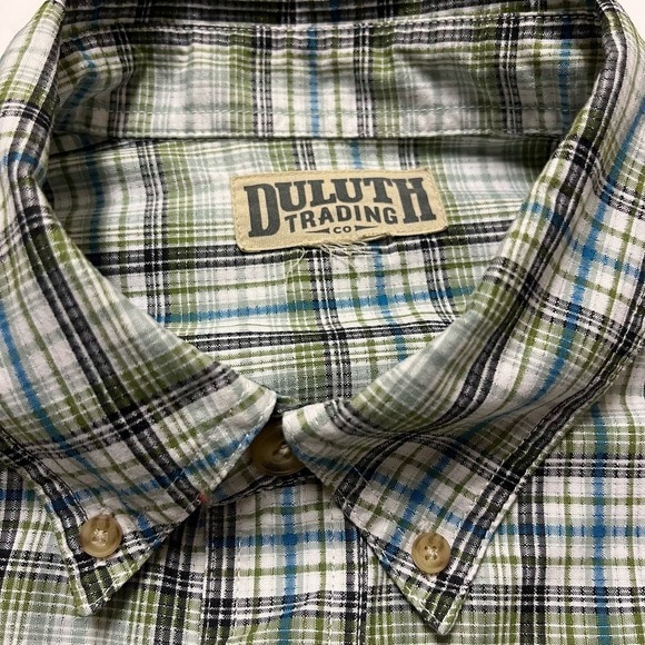 Duluth Trading Co Men’s Green/Blue Plaid Short Sleeve Button Down Shirt Sz L - Picture 2 of 4